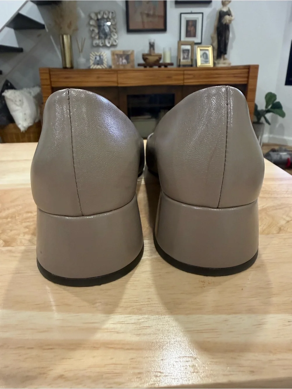 Tory Burch Taupe Leather Georgia Block Heel Flats with Gold Emblem